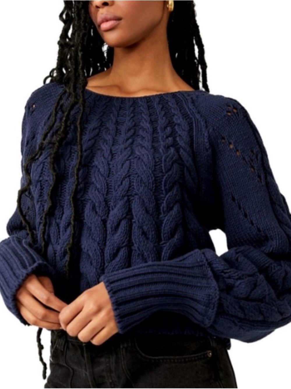 Free People Navy Cable Knit Crewneck Sweater